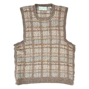 Vintage Charles Summer Gray Brown Wool Plaid Grandpa Vest Sleeveless Sweater